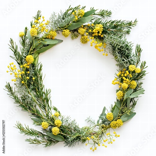 Floral Wreath Frame: A vibrant, circular wreath composed of delicate yellow mimosa flowers, lush rosemary, and silvery eucalyptus leaves, creating a natural. photo