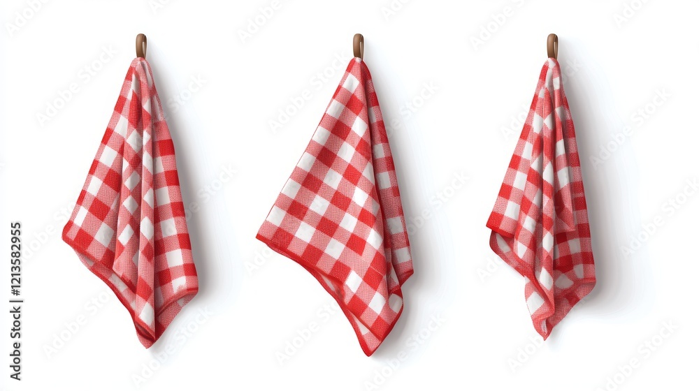 Obraz premium Set of red checkered towels folded, hanging and top view isolated on white background. Realistic vector illustration of napkin, cozy kitchen interior design element, home textile for domestic use