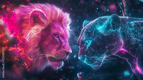 Neon lion and panther in an electrified digital environment with vibrant colors