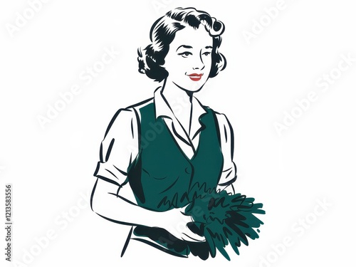 Retro Woman Holding Flowers Stylish Vintage Illustration photo