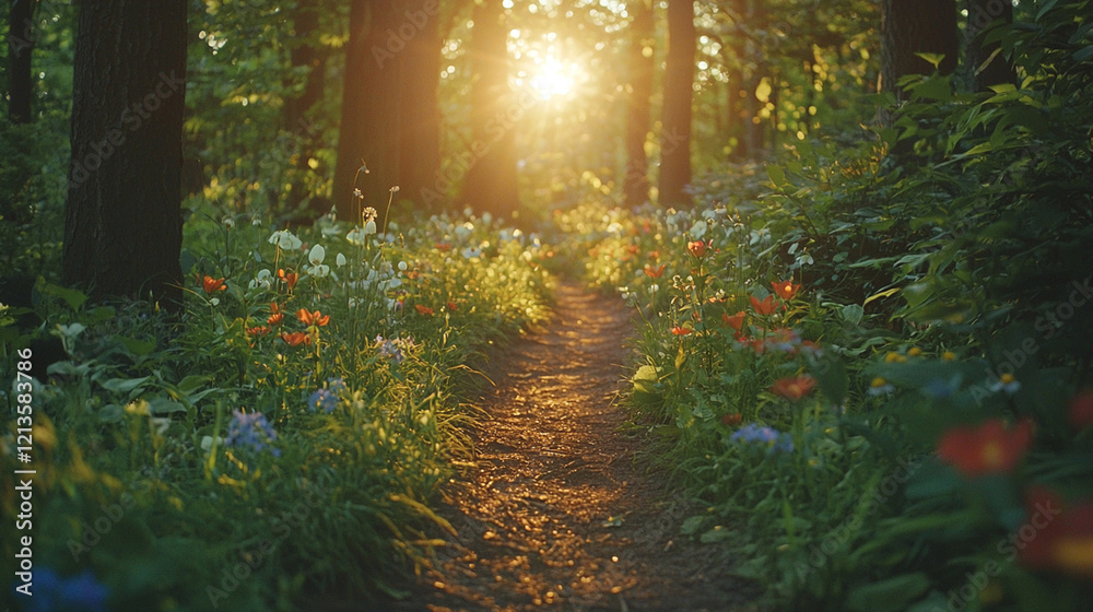 Sunlit path through blooming spring forest. Sunlit path through blooming spring forest.