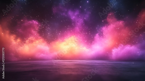 Colorful nebula cloudscape with starry night sky reflecting on calm water.
