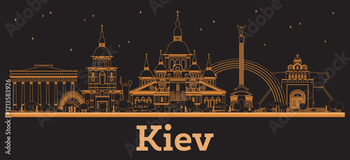 Outline Kiev Ukraine City Skyline with orange Buildings. Business Travel and Concept with Modern Architecture. Kiev Cityscape with Landmarks.