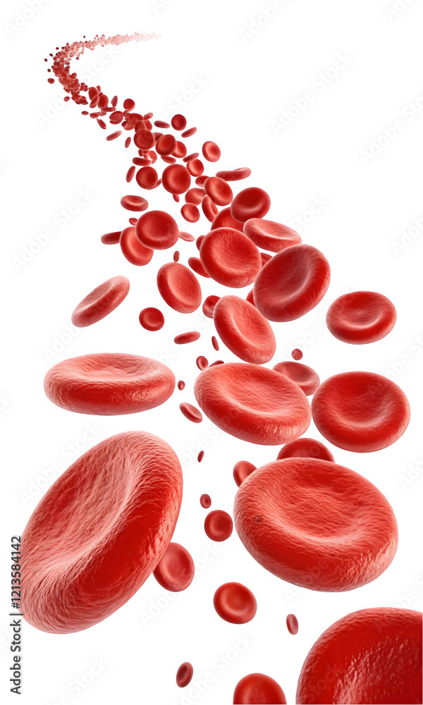 Fototapeta premium Flowing red blood cells isolated on transparent or white background, png 