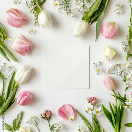 Floral Elegance: A vibrant composition of delicate tulips and blossoms, artfully arranged around a pristine central space, creates a stunning visual for spring theme.