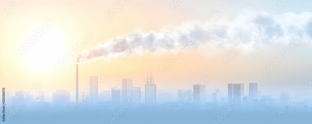 Fototapeta premium Sunrise smog, city skyline, factory emissions