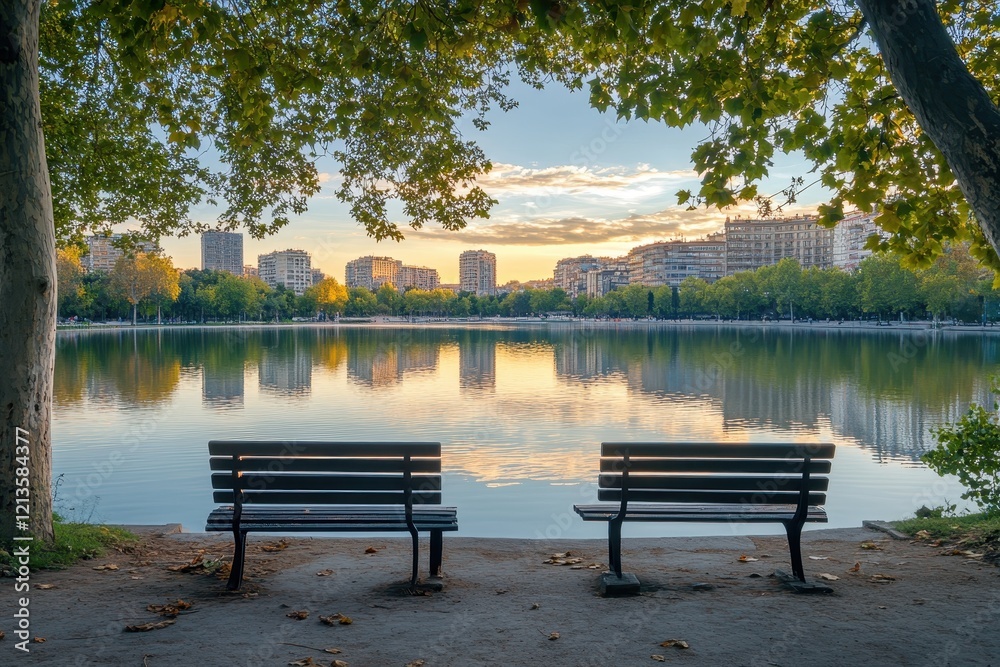 Tranquil park lake sunset city reflection benches Tranquil park lake sunset city reflection benches