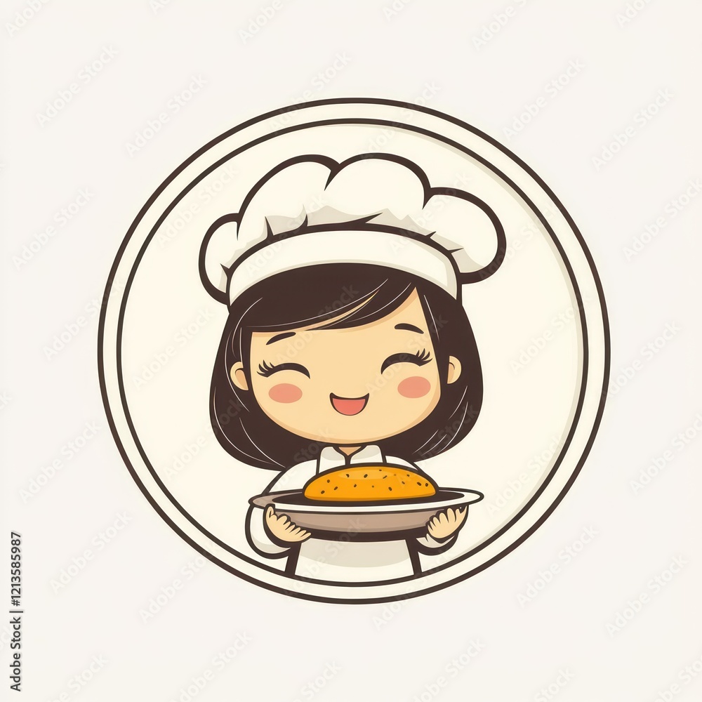 Cute chef girl holding food, cartoon illustration, food logo design Cute chef girl holding food, cartoon illustration, food logo design