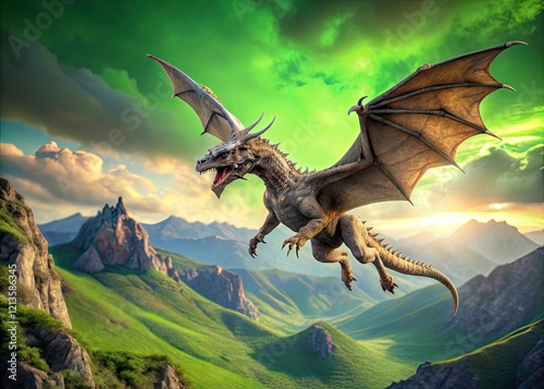 Majestic Mountain Dragon: Green Screen Flying Fantasy - Two Versions, Rule of Thirds Composition photo