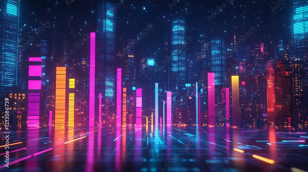 Neon Cityscape Illuminated With Vibrant Digital Bars Neon Cityscape Illuminated With Vibrant Digital Bars
