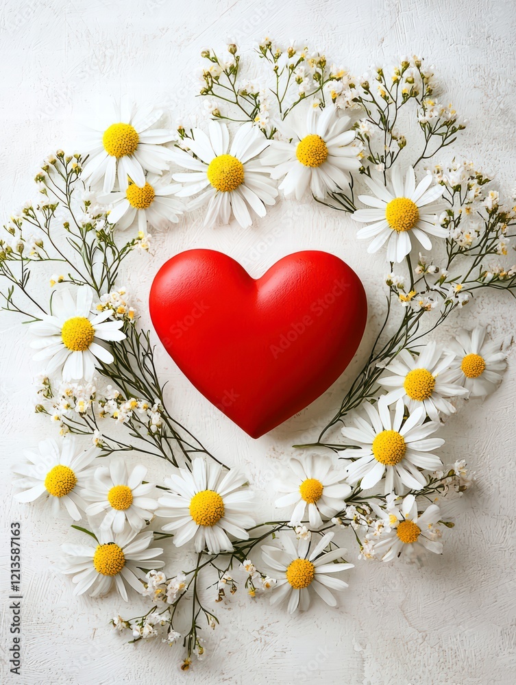 Obraz premium Love Blooms: A vibrant red heart nestled in a circle of delicate white daisies, a simple yet powerful symbol of love and affection. This delicate image speaks to the beauty of love in its purest form.
