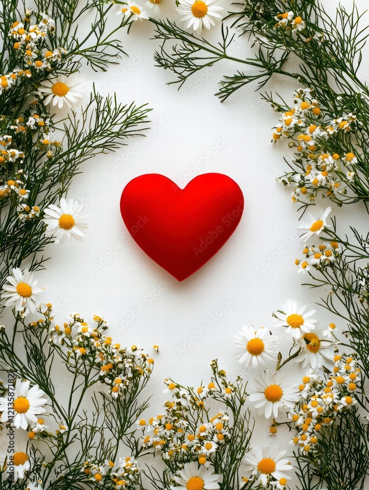 Obraz premium Red Heart and Daisy Wreath: A classic red heart nestled within a delicate wreath of white daisies evokes a sense of love, purity, and timeless beauty.