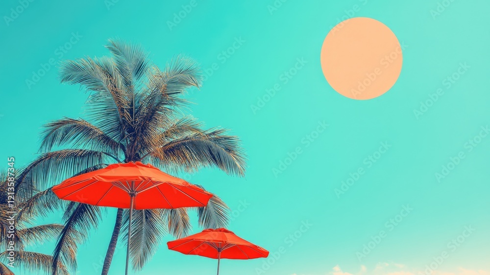 Vibrant beach scene with palm trees, umbrellas, and sun Vibrant beach scene with palm trees, umbrellas, and sun