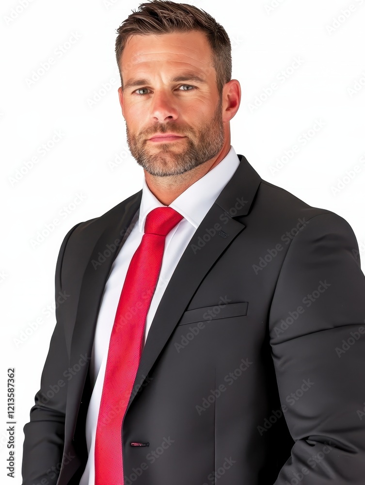 Confident Businessman Portrait: Serious Expression, Red Tie, Professional Attire Confident Businessman Portrait: Serious Expression, Red Tie, Professional Attire