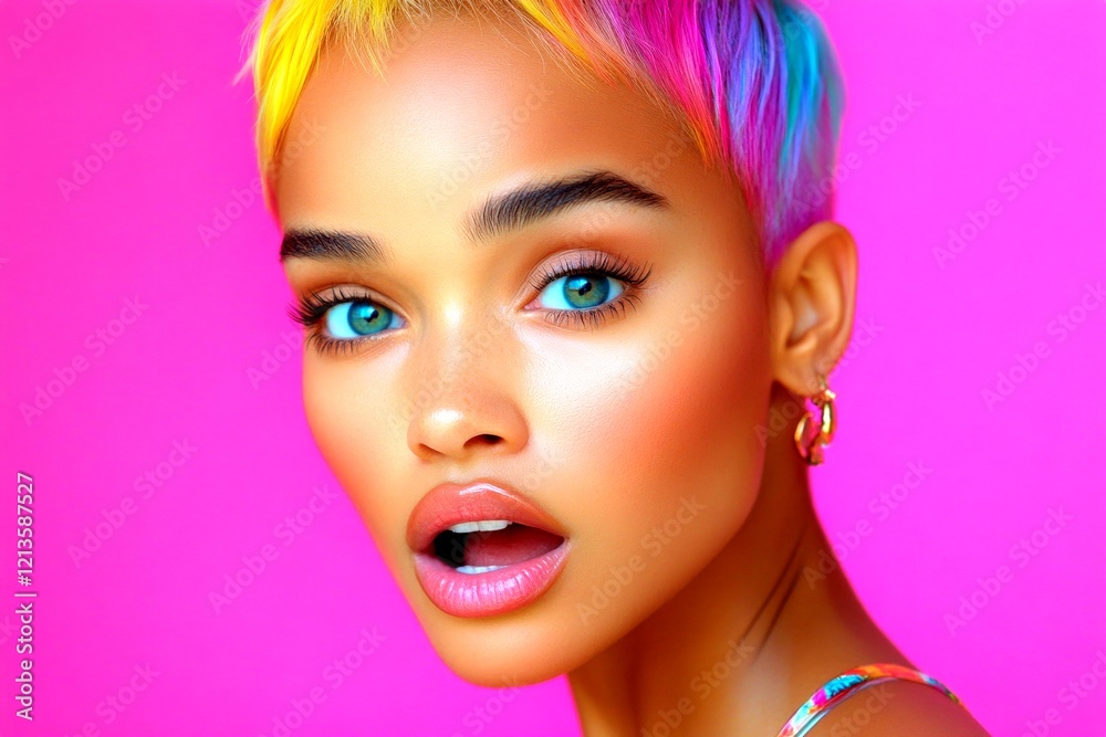 Commercial ad idea. Attractive very astounded mixed-race girl - for ads, magazine ad and social platforms use. Short hairdo - multicolored hair. African american beauty ads. Glam style concept. Commercial ad idea. Attractive very astounded mixed-race girl - for ads, magazine ad and social platforms use. Short hairdo - multicolored hair. African american beauty ads. Glam style concept.