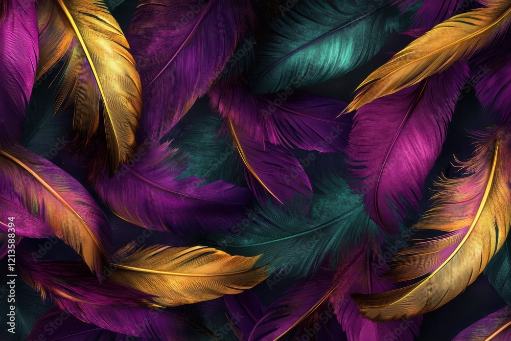 Fototapeta premium Luxurious Purple and Gold Feathers and Mardi Gras Background (7)