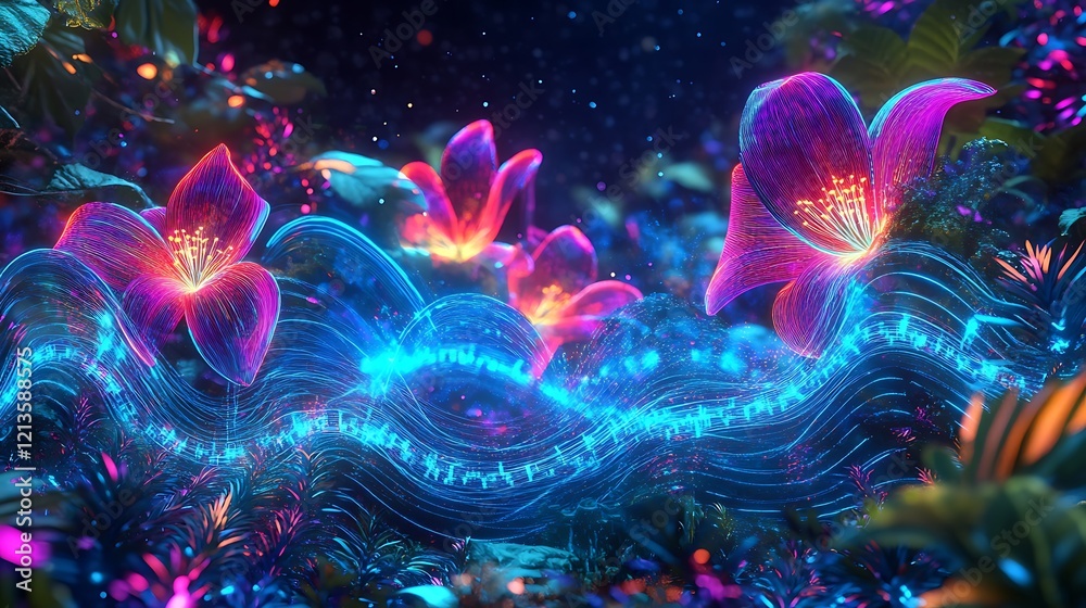 Obraz premium Neon Flowers Bloom With Vibrant Light Trails