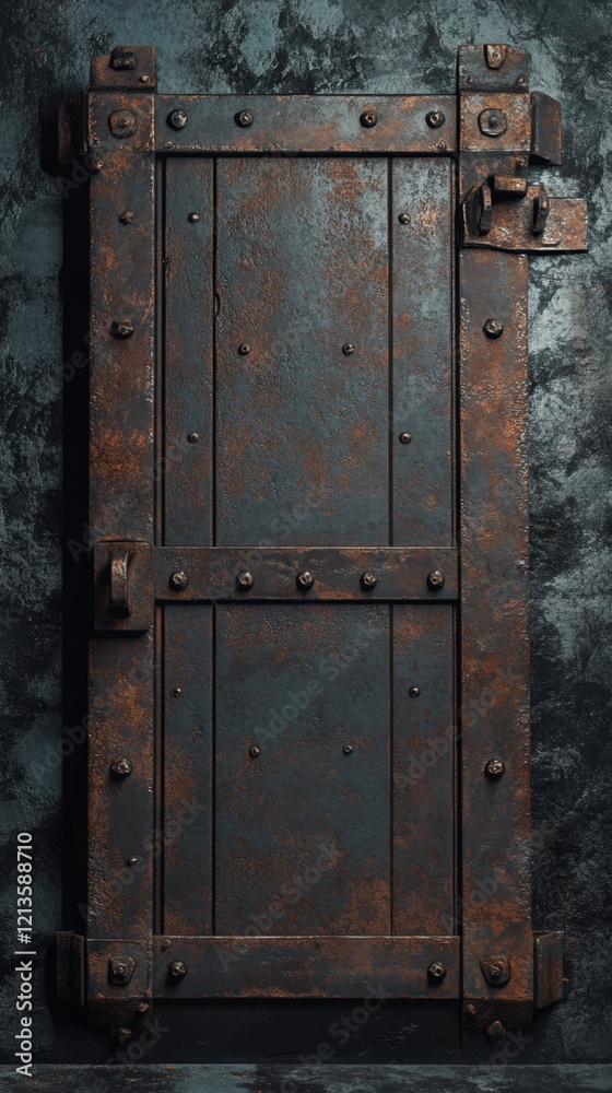 An old wooden door with a metal lock and vintage design on a weathered wall An old wooden door with a metal lock and vintage design on a weathered wall