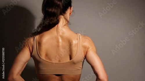 Health sport sexy woman doing stratching exercises for shoulders, scapula and healthy upper back, attractive body lifestyle. Curves female brunette  model in bra on studio low key shadow. Back view photo