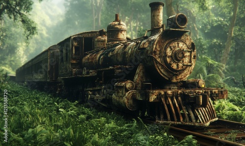 An abandoned vintage train covered in rust, surrounded by overgrown grass  photo