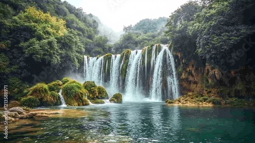 Majestic waterfall cascading down lush green cliffs into a tranquil pool