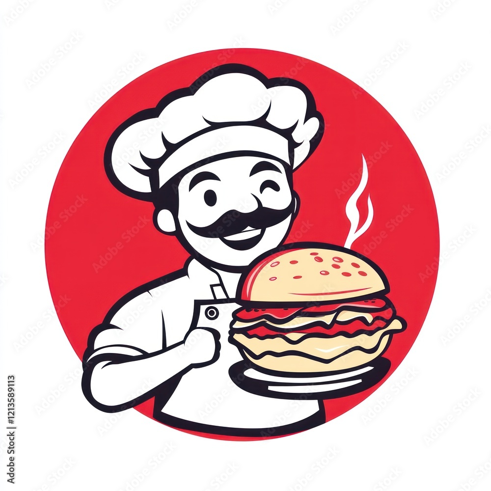Cartoon chef serving a burger, logo design Cartoon chef serving a burger, logo design