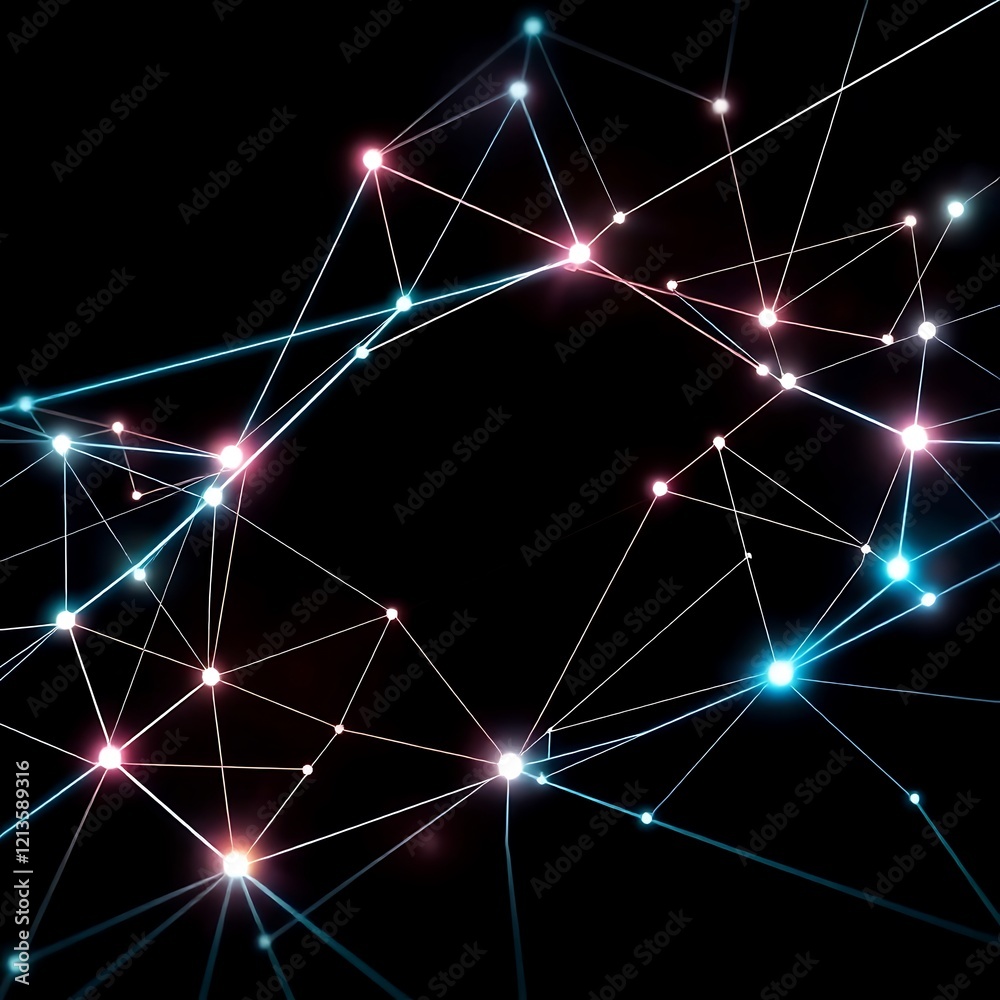 Fototapeta premium Cosmic Nebula with Abstract Network Connections, Vibrant Pink and Blue Light Rays, and Glowing Particles