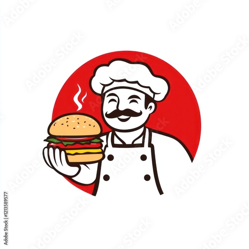 Chef holding burger, cartoon illustration, food logo, restaurant concept photo