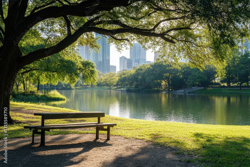 Serene park bench, urban skyline, sunrise Serene park bench, urban skyline, sunrise