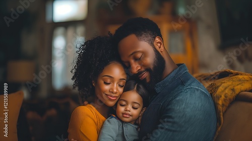 A Black family—mother, father, and young daughter—embrace in a tender moment of closeness and affection, their eyes closed in peaceful contentment within a warmly lit interior setting 