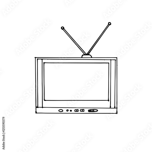 Line drawing doodle cartoon old-fashioned television with two antennas on top.
