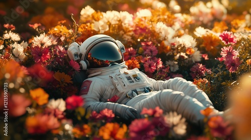 psychedelic surreal picture of a spaceman relaxing amidst flowers