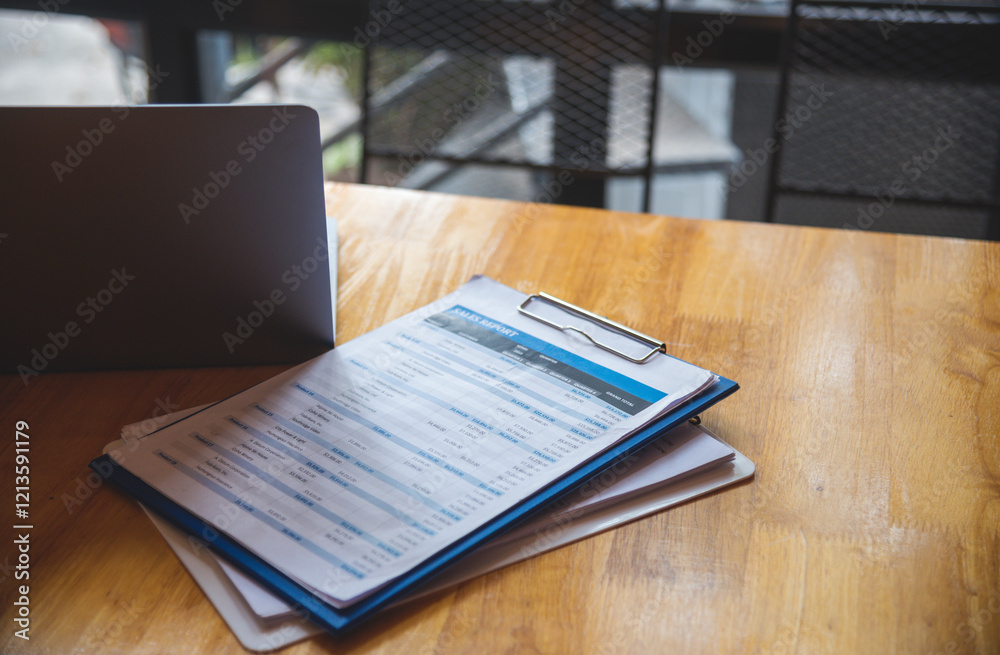 Obraz premium Office laptop business financial document chart and graph on wooden table with coffee cup. Flat lay notebook computer laptop on office desk. No people business graph chart mockup on business workspace