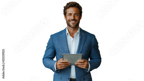 A smiling handsome businessman exuding confidence and professionalism. He is wearing a perfectly tailored, blue blazer, symbolizing sophistication and success, holding a tablet. PNG file