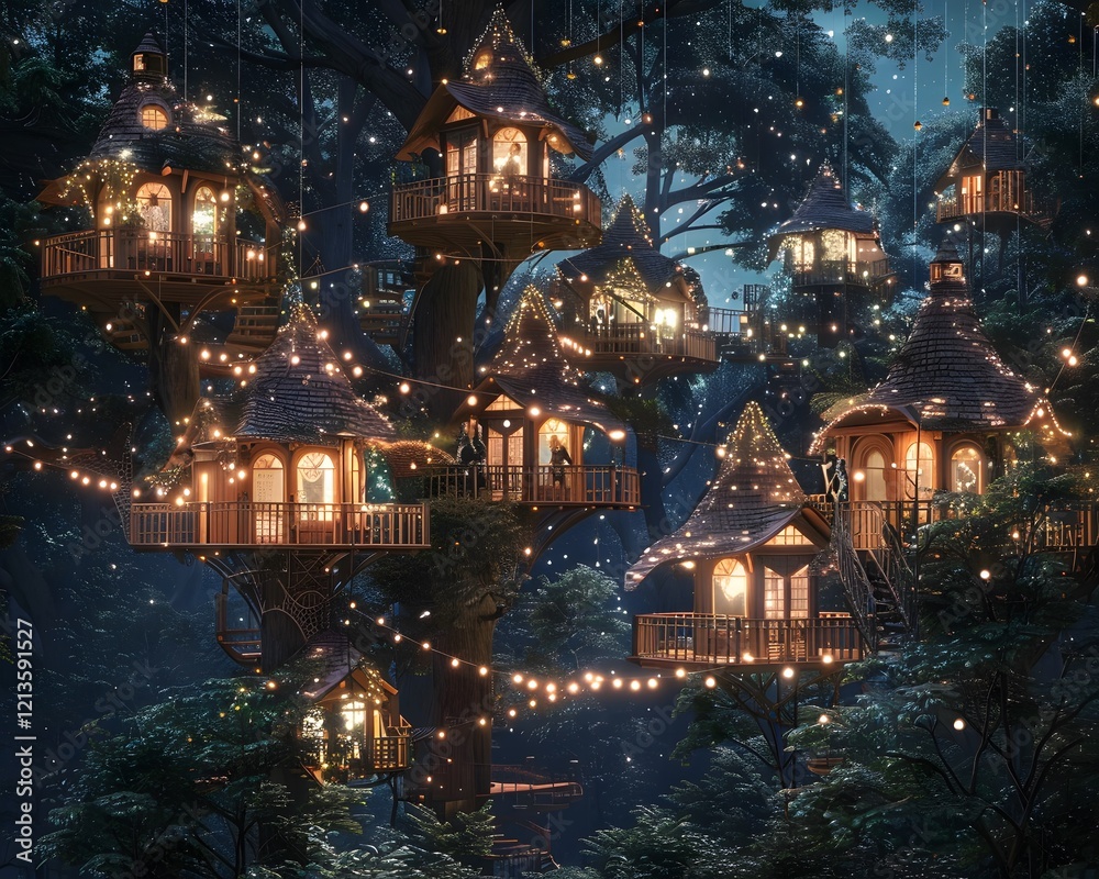 Obraz premium Illustration of A whimsical treehouse village, where models in eco-friendly clothing made from bamboo and hemp fabrics move gracefully through the treetops, surrounded by twinkling fairy lights.