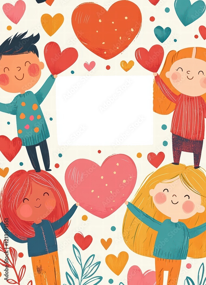 Joyful Heart Frame: Charming children, rendered in a vibrant and playful style, playfully surround a central space with colorful hearts, creating a heartwarming frame for messages. Joyful Heart Frame: Charming children, rendered in a vibrant and playful style, playfully surround a central space with colorful hearts, creating a heartwarming frame for messages.