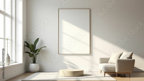 A serene modern living room with a blank vertical poster frame centrally mounted on a smooth