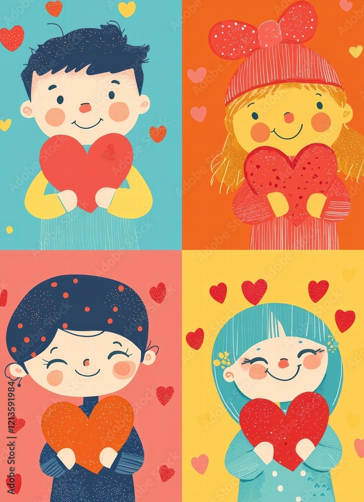 Heartfelt Friendships: A quartet of adorable children, each holding a heart, embodies friendship, love, and togetherness in this charming illustration. Heartfelt Friendships: A quartet of adorable children, each holding a heart, embodies friendship, love, and togetherness in this charming illustration.