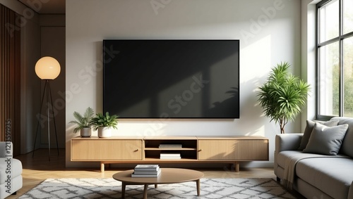 A sleek and modern flat-screen TV mounted on a wall in a stylish living room
