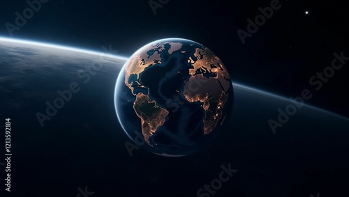 A stunning view of Planet Earth from space, showing the planet’s curvature against the vast, dark expanse of space