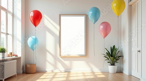 A stylish and modern interior setting featuring a blank vertical poster frame centered on a clean wall