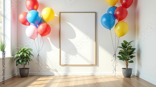 A stylish and modern interior setting featuring a blank vertical poster frame centered on a clean wall