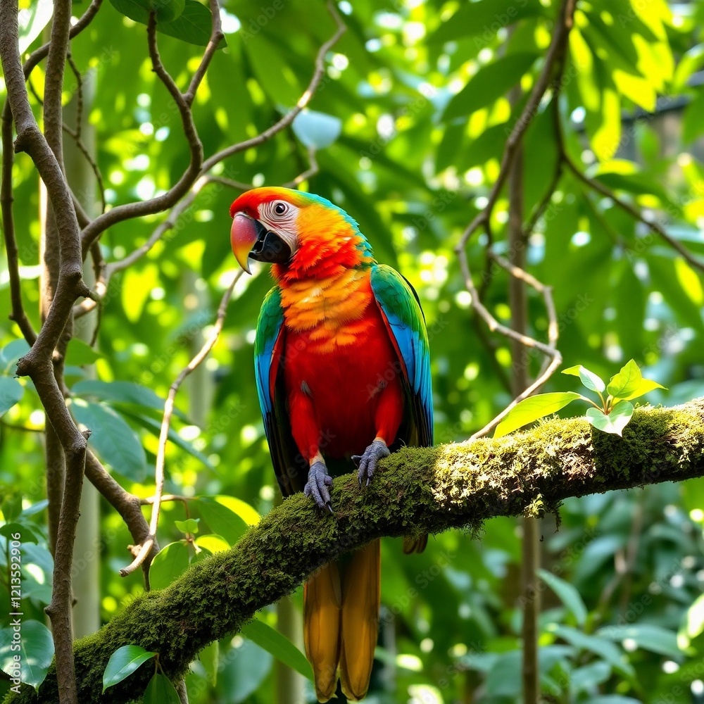 A colorful macaw with red, yellow, green, and blue feathers perched on a mossy tree branch in the middle of a green forest. A colorful macaw with red, yellow, green, and blue feathers perched on a mossy tree branch in the middle of a green forest.