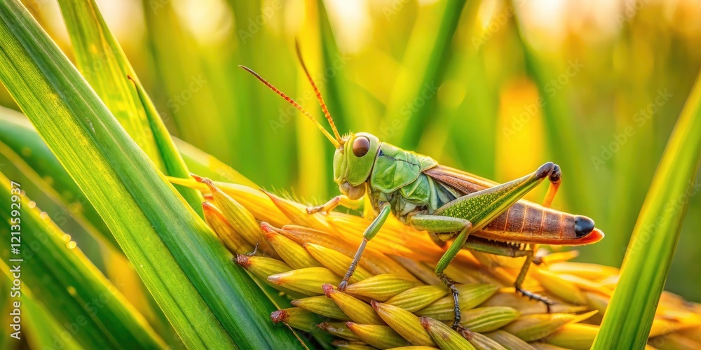 Rice Pest Control: Grasshopper Infestation in Paddy Field - High-Resolution Landscape Photography Rice Pest Control: Grasshopper Infestation in Paddy Field - High-Resolution Landscape Photography