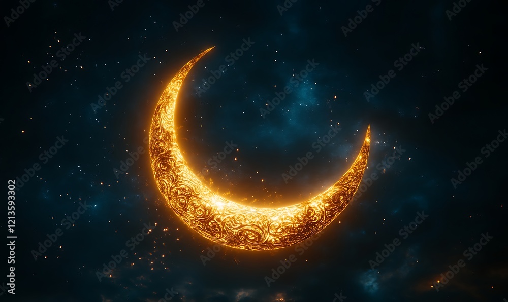 Fototapeta premium Glowing crescent moon in night sky.