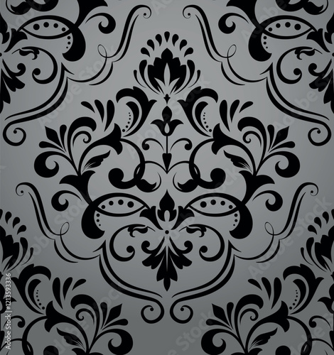Wallpaper in the style of Baroque. Seamless vector background. Gray and black floral ornament. Graphic pattern for fabric, wallpaper, packaging. Ornate Damask flower ornament