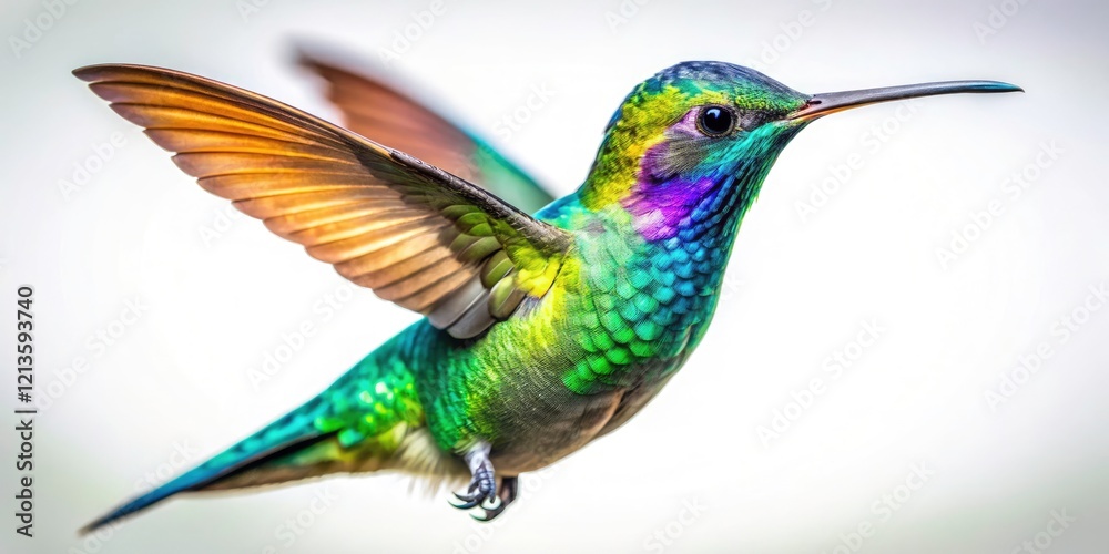 Obraz premium Iridescent Hummingbird Tilt-Shift Photography - Miniature Green Bird White Background
