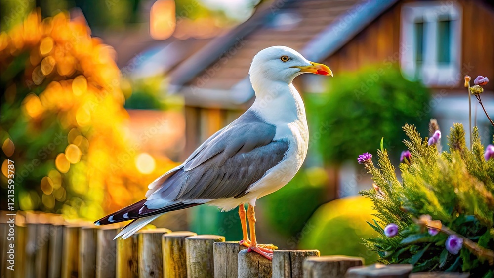 Obraz premium Seagull Portrait Photography: Coastal Bird in Backyard, Yard Bird Images, Seagull Close Up, Wildlife Photography
