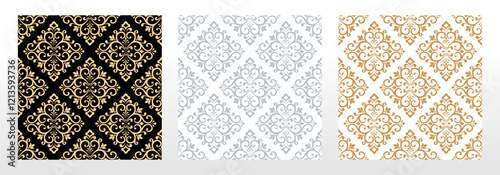 Wallpapers in the style of Baroque. Seamless vector backgrounds. Set of colored floral ornaments. Graphic patterns for fabric, wallpaper, packaging. Ornate Damask flower ornaments