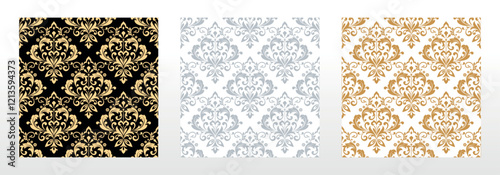 Wallpapers in the style of Baroque. Seamless vector backgrounds. Set of colored floral ornaments. Graphic patterns for fabric, wallpaper, packaging. Ornate Damask flower ornaments